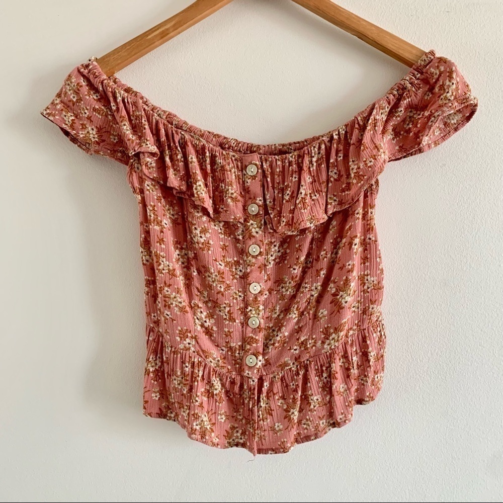 American EAGLE Floral Ditsy Off Shoulder Button Summer Top Ruffle Neckline - Picture 3 of 11
